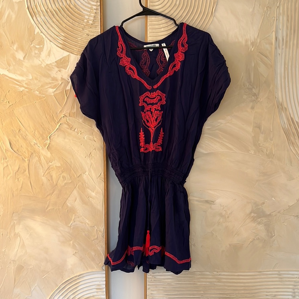 Poupette St Barth Pink Embroidered Blue Slip Cover Up Maxi Dress Women's Size 2